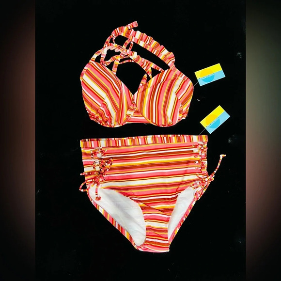 Island Rays NWT Ladies 1X Two Piece Bikini Set Striped Swimsuit Padded Top - Picture 2 of 16